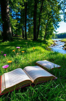 A serene and beautiful nature scene featuring a few open books lying on a soft bed of vibrant green grass