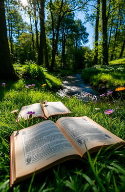 A serene and beautiful nature scene featuring a few open books lying on a soft bed of vibrant green grass