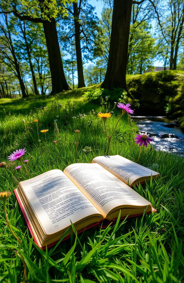 A serene and beautiful nature scene featuring a few open books lying on a soft bed of vibrant green grass