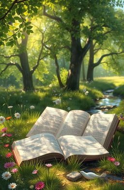 A serene digital painting depicting a collection of books lying open on a soft patch of grass