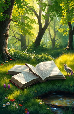 A serene digital painting depicting a collection of books lying open on a soft patch of grass