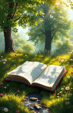 A serene digital painting depicting a collection of books lying open on a soft patch of grass