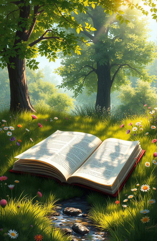 A serene digital painting depicting a collection of books lying open on a soft patch of grass