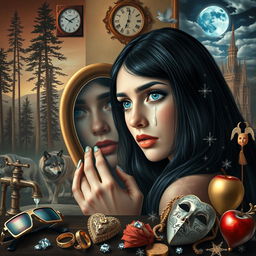 A beautiful, stunning young woman with black hair and crystal blue eyes, crying gently as she looks through a heart-shaped mirror