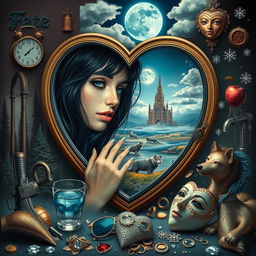 A beautiful, stunning young woman with black hair and crystal blue eyes, crying gently as she looks through a heart-shaped mirror
