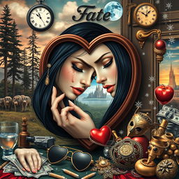 A beautiful, stunning young woman with black hair and crystal blue eyes, crying gently as she looks through a heart-shaped mirror