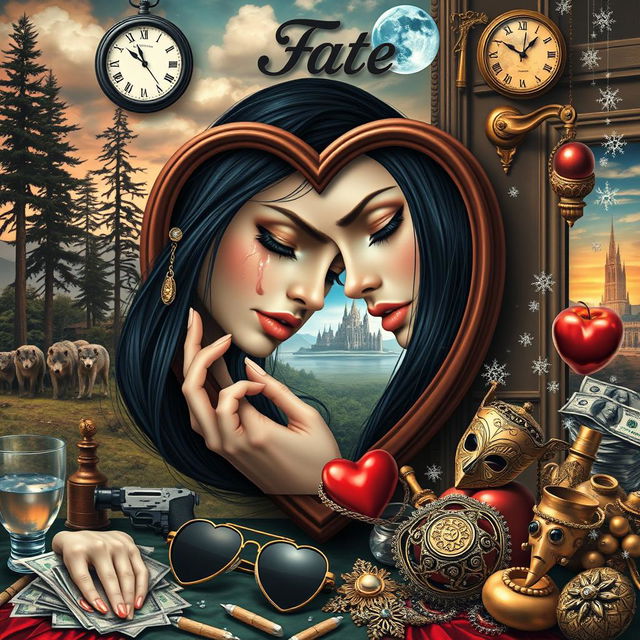A beautiful, stunning young woman with black hair and crystal blue eyes, crying gently as she looks through a heart-shaped mirror