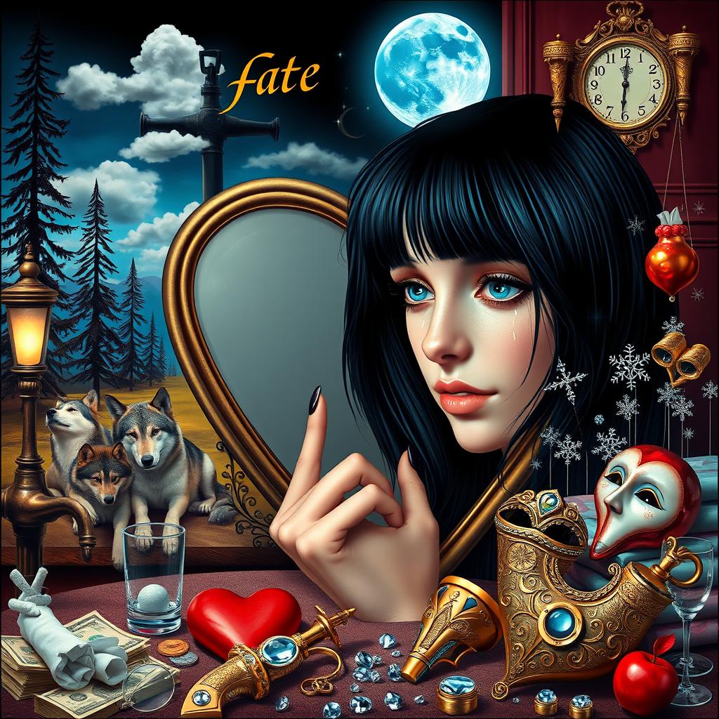 A beautiful, stunning young woman with black hair and crystal blue eyes, crying gently as she looks through a heart-shaped mirror