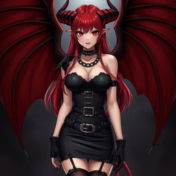 An alluring and sexy demon gothic anime girl with striking demonic wings and prominent horns