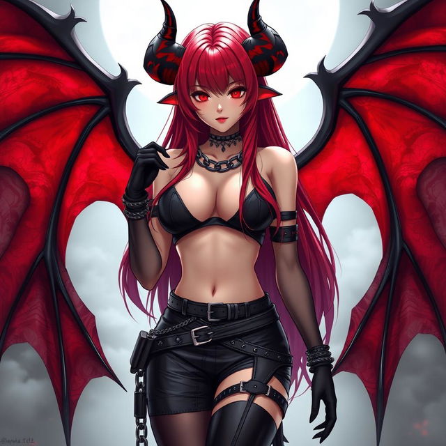 An alluring and sexy demon gothic anime girl with striking demonic wings and prominent horns