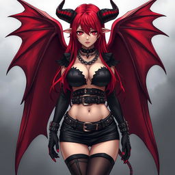 An alluring and sexy demon gothic anime girl with striking demonic wings and prominent horns