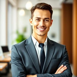 A smart and attractive professional person confidently standing in a bright office environment