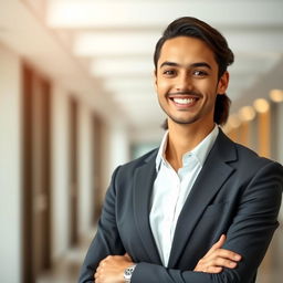 A smart and attractive professional person confidently standing in a bright office environment