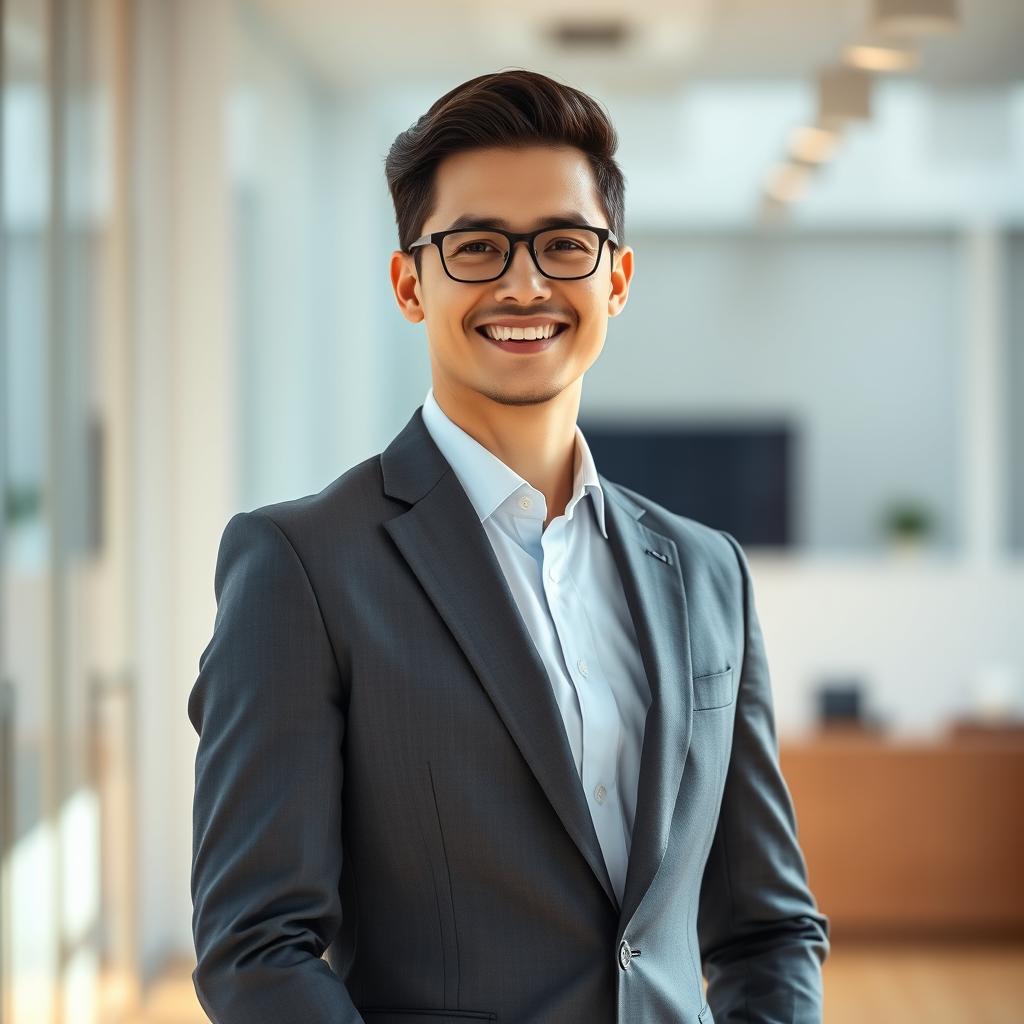 A smart and attractive professional person confidently standing in a bright office environment