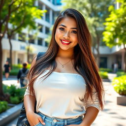 A beautiful Indonesian university student with a curvy figure and very large breasts, wearing stylish and trendy student clothes