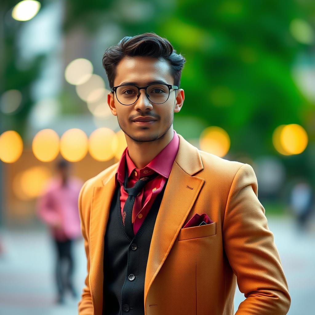 A smartly dressed individual standing confidently, exuding charisma and style
