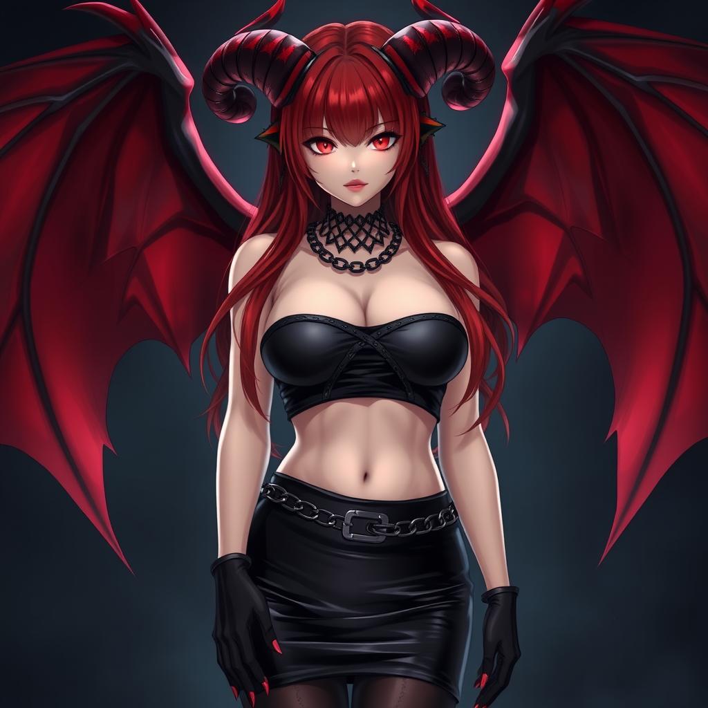 An alluring and sexy demon gothic anime girl, showcasing her dramatic demonic wings and prominent horns that enhance her striking features