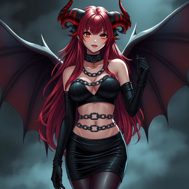 An alluring and sexy demon gothic anime girl, showcasing her dramatic demonic wings and prominent horns that enhance her striking features