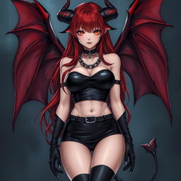 An alluring and sexy demon gothic anime girl, showcasing her dramatic demonic wings and prominent horns that enhance her striking features