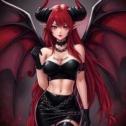 An alluring and sexy demon gothic anime girl, showcasing her dramatic demonic wings and prominent horns that enhance her striking features
