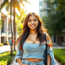 A beautiful Indonesian female university student with an impressive figure and very large breasts, exuding flirtation and charm