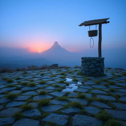 A serene landscape featuring a short expanse of flat, neatly arranged stones, with scattered tufts of grass intermingled in the gaps between the stones