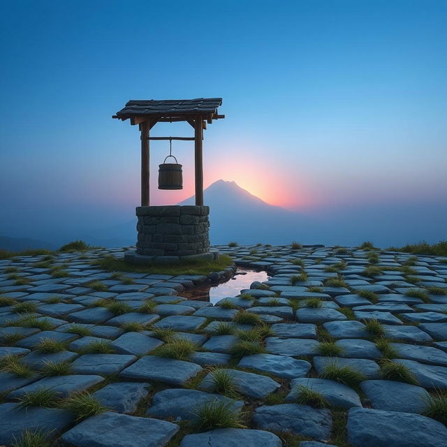 A serene landscape featuring a short expanse of flat, neatly arranged stones, with scattered tufts of grass intermingled in the gaps between the stones