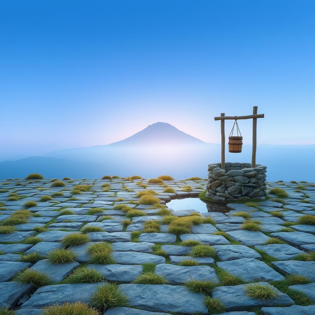 A serene landscape featuring a short expanse of flat, neatly arranged stones, with scattered tufts of grass intermingled in the gaps between the stones