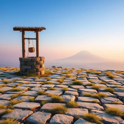 A serene landscape featuring a short expanse of flat, neatly arranged stones, with scattered tufts of grass intermingled in the gaps between the stones