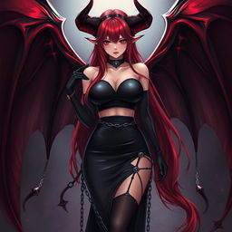 An enticing and sexy demon gothic anime girl featuring dramatic demonic wings and prominent horns