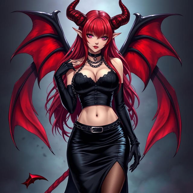 An enticing and sexy demon gothic anime girl featuring dramatic demonic wings and prominent horns