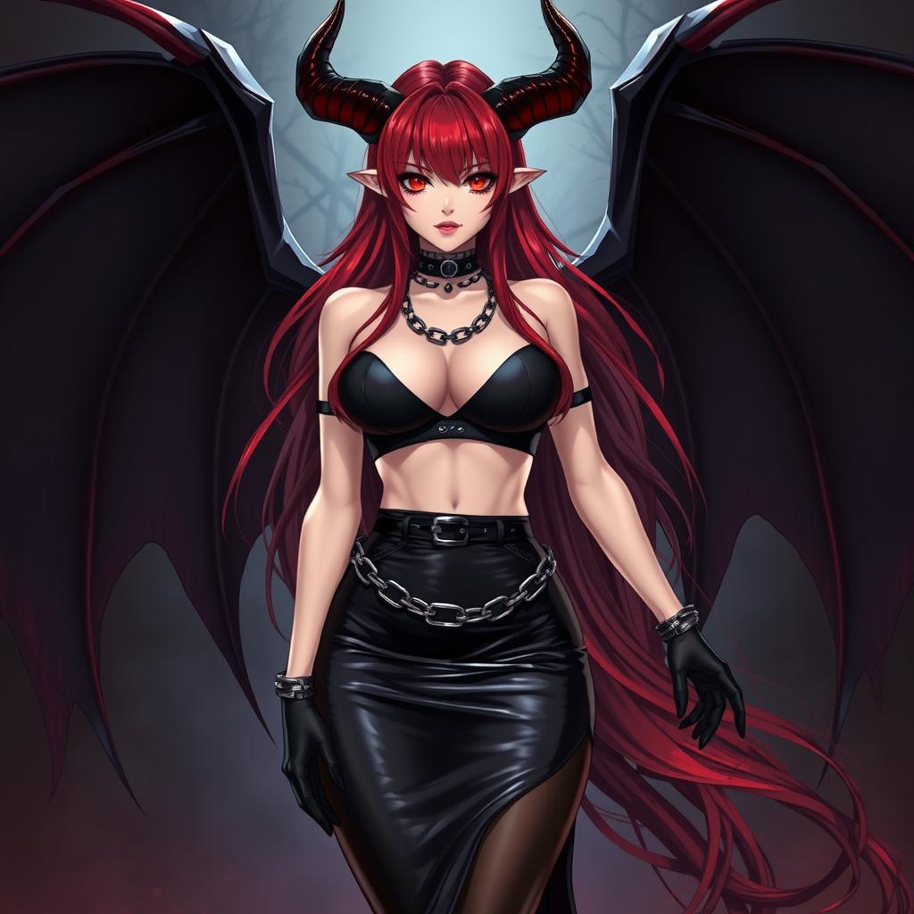 An enticing and sexy demon gothic anime girl featuring dramatic demonic wings and prominent horns