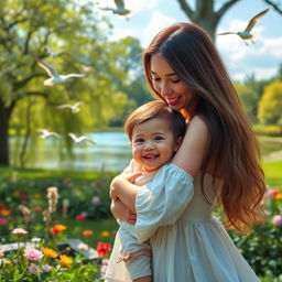 A heartwarming scene of a parent and child in a beautiful outdoor setting, showcasing a strong bond of love and longing