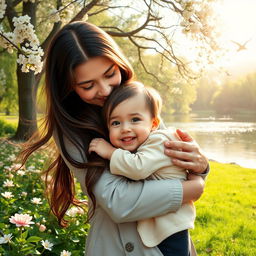 A heartwarming scene of a parent and child in a beautiful outdoor setting, showcasing a strong bond of love and longing