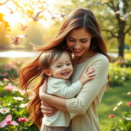A heartwarming scene of a parent and child in a beautiful outdoor setting, showcasing a strong bond of love and longing