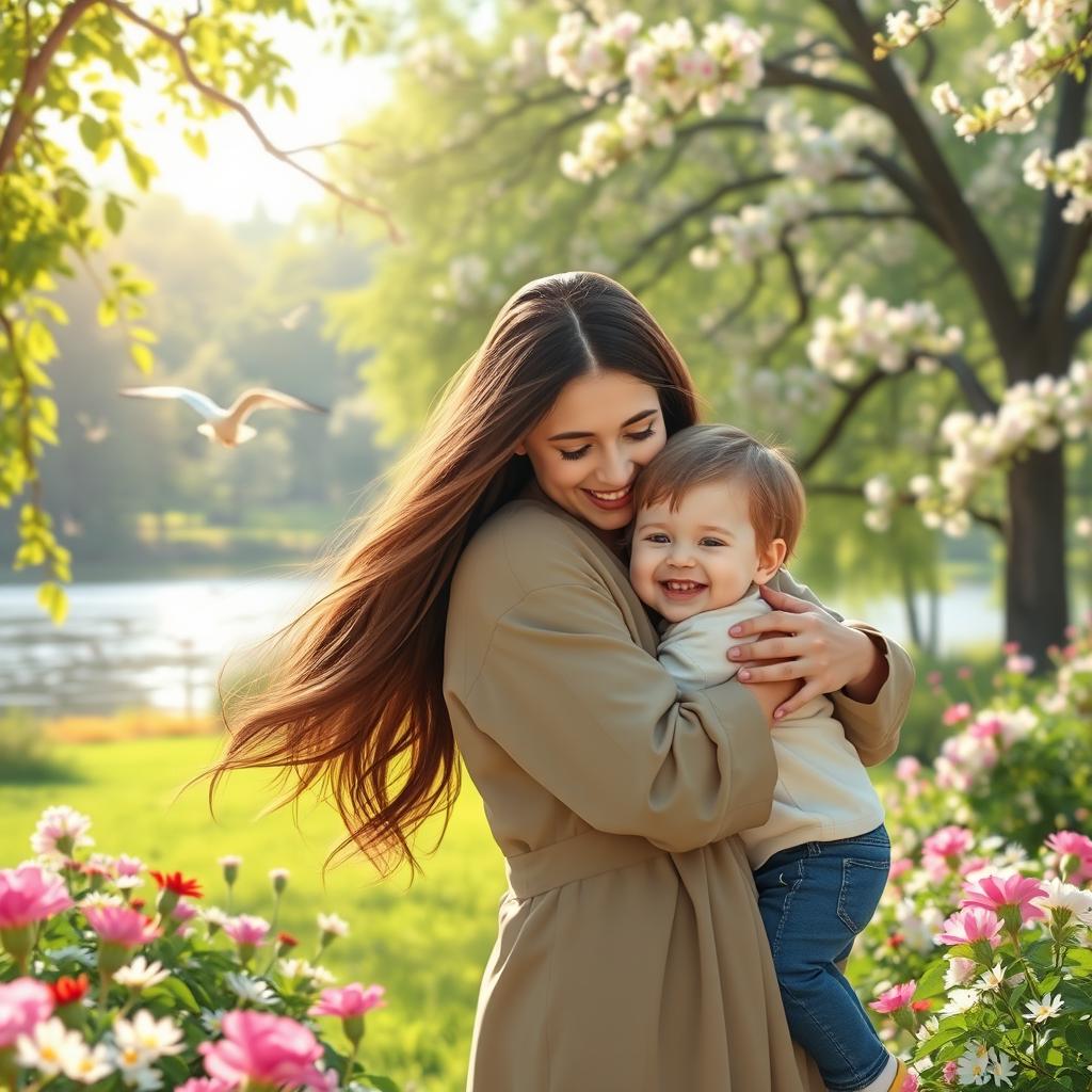 A heartwarming scene of a parent and child in a beautiful outdoor setting, showcasing a strong bond of love and longing