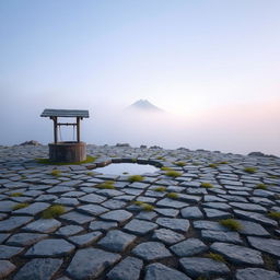 A picturesque scene depicting a short expanse of land featuring flat, neatly arranged stones with a little scattered grass interspersed among the stone gaps