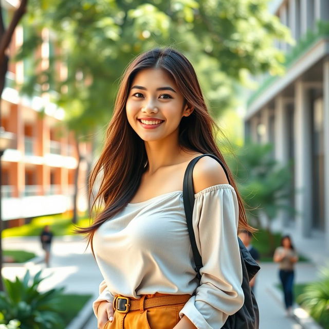 A beautiful Indonesian university student with an alluring figure and very large breasts, dressed in trendy and fashionable student attire