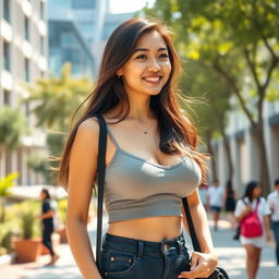 A beautiful Indonesian university student with an alluring figure and very large breasts, dressed in trendy and fashionable student attire