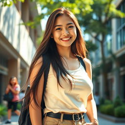 A beautiful Indonesian university student with an alluring figure and very large breasts, dressed in trendy and fashionable student attire