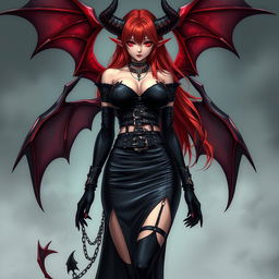 A captivating and sexy demon gothic anime girl, showcasing her dramatic demonic wings and prominent horns