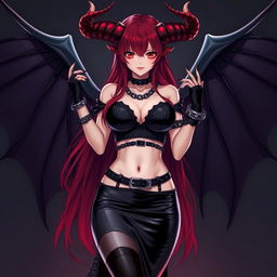 A captivating and sexy demon gothic anime girl, showcasing her dramatic demonic wings and prominent horns