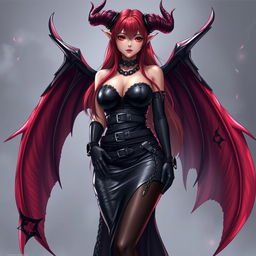 A captivating and sexy demon gothic anime girl, showcasing her dramatic demonic wings and prominent horns