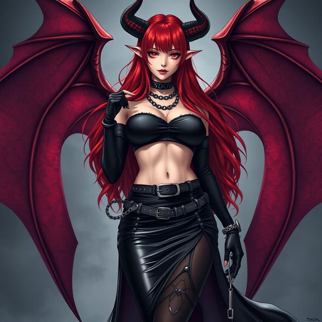 A captivating and sexy demon gothic anime girl, showcasing her dramatic demonic wings and prominent horns