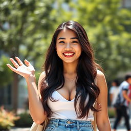 A beautiful Indonesian female university student with large breasts, exuding a playful and flirty personality