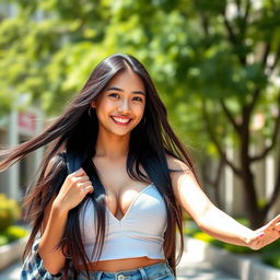 A beautiful Indonesian female university student with large breasts, exuding a playful and flirty personality