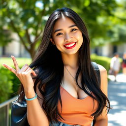 A beautiful Indonesian female university student with large breasts, exuding a playful and flirty personality