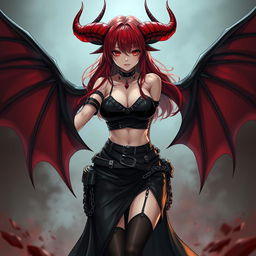 A captivating and sexy demon gothic anime girl, with dramatic demonic wings and prominent horns, pinning you down in an evocative scene