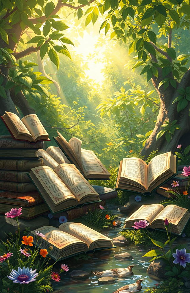 A beautiful digital painting showcasing an enchanting scene of books scattered around a lush green forest