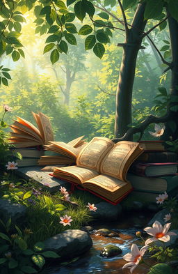 A beautiful digital painting showcasing an enchanting scene of books scattered around a lush green forest